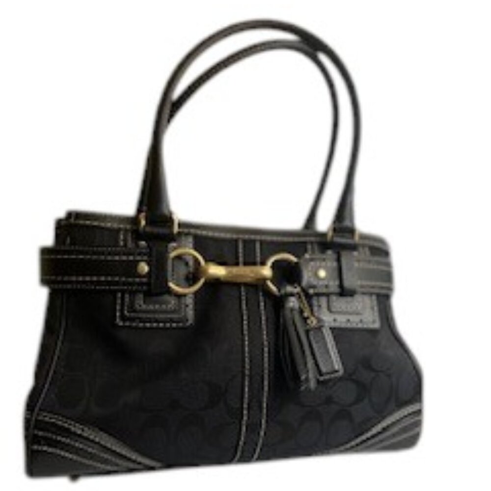 COACH Black Signature Horsebit Satchel Handbag - Gold Hardware